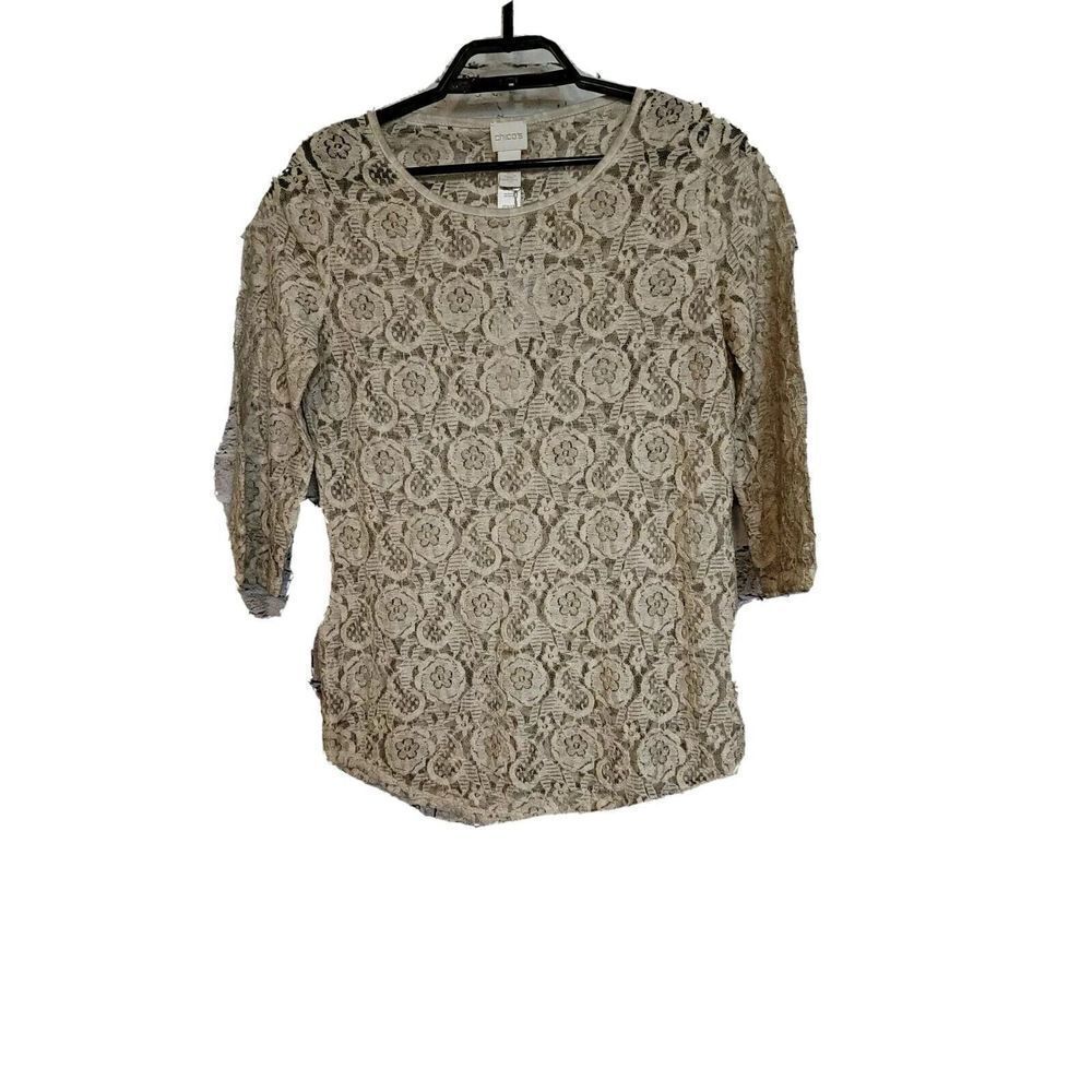 Chico's  Size 0 NWT Women's Lace Textured Layered Shirt Beige Size Small  t2
